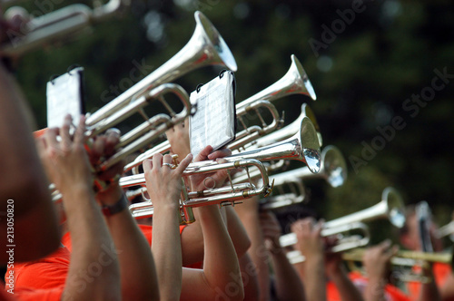 Trumpet players during marching band rehearsal on field, Stillwater, Oklahoma