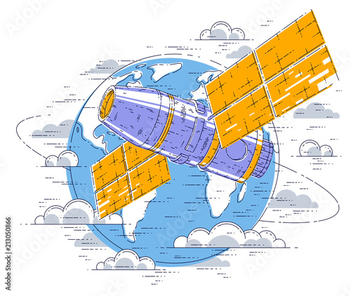 Space station flying orbital spaceflight around earth, spacecraft spaceship iss with solar panels, artificial satellite. Thin line 3d vector illustration.