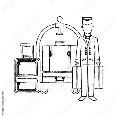 bellboy hotel worker with cart hotel and suitcases isolated icon