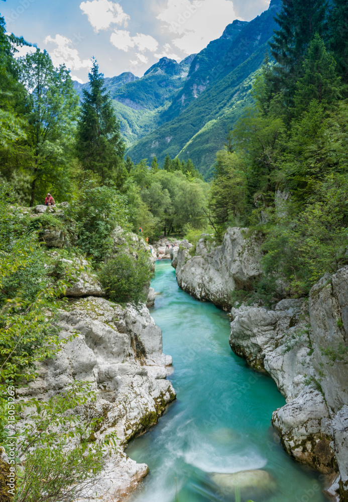 Lepena Ravin, Slovenia, mountain and blue water Lepena Ravin, Slovenia, mountain and blue water