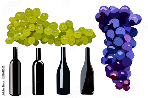 two clusters of grapes and four bottles of wine