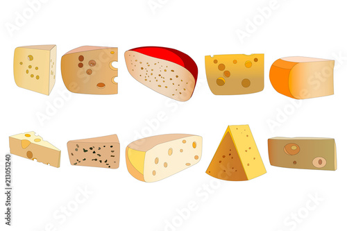 a set of ten cheeses in different colors and shapes