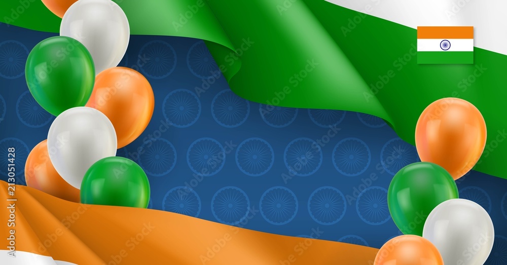 Indian patriotic banner with space for text. Realistic waving indian flag  and colorful balloons decoration on blue background. Independence and  freedom, democracy and patriotism vector illustration Stock Vector | Adobe  Stock