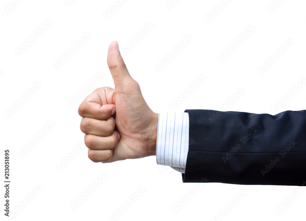 Close up, Hand of businessman showing thumb up on white background. Isolated Close up, Hand of businessman showing thumb up on white background. Isolated