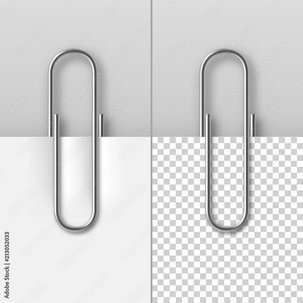 Realistic metal paper clips on paper sheets set. Office or school  stationery vector illustration. Simple steel device for binding documents  together. Mockup template of paper clip attachment Stock Vector | Adobe  Stock