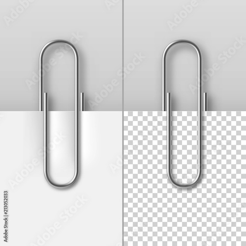 Realistic metal paper clips on paper sheets set. Office or school stationery vector illustration. Simple steel device for binding documents together. Mockup template of paper clip attachment