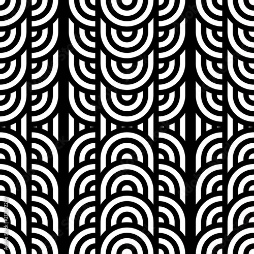 Seamless pattern with circles and striped black white straight lines. Optical illusion effect. Geometric tile in op art style. Vector illusive background for cloth, textile, print, web.