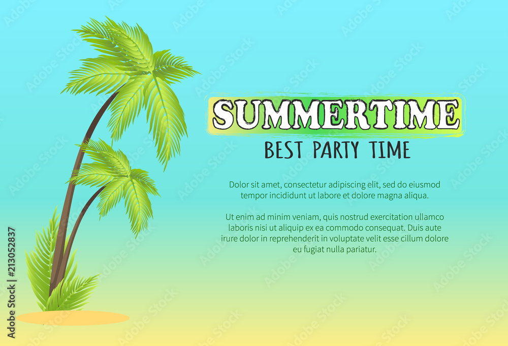Summertime Best Party Time Vector Poster with Palm