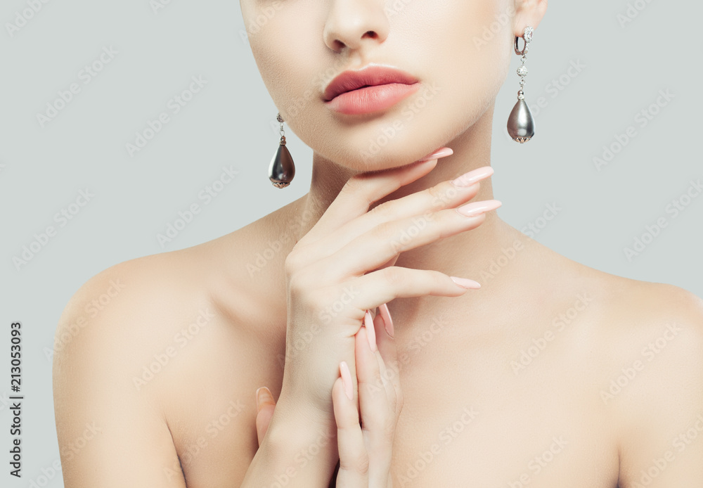 Perfect Female Lips, Manicure Hands and Jewelry Earrings Perfect Female Lips, Manicure Hands and Jewelry Earrings