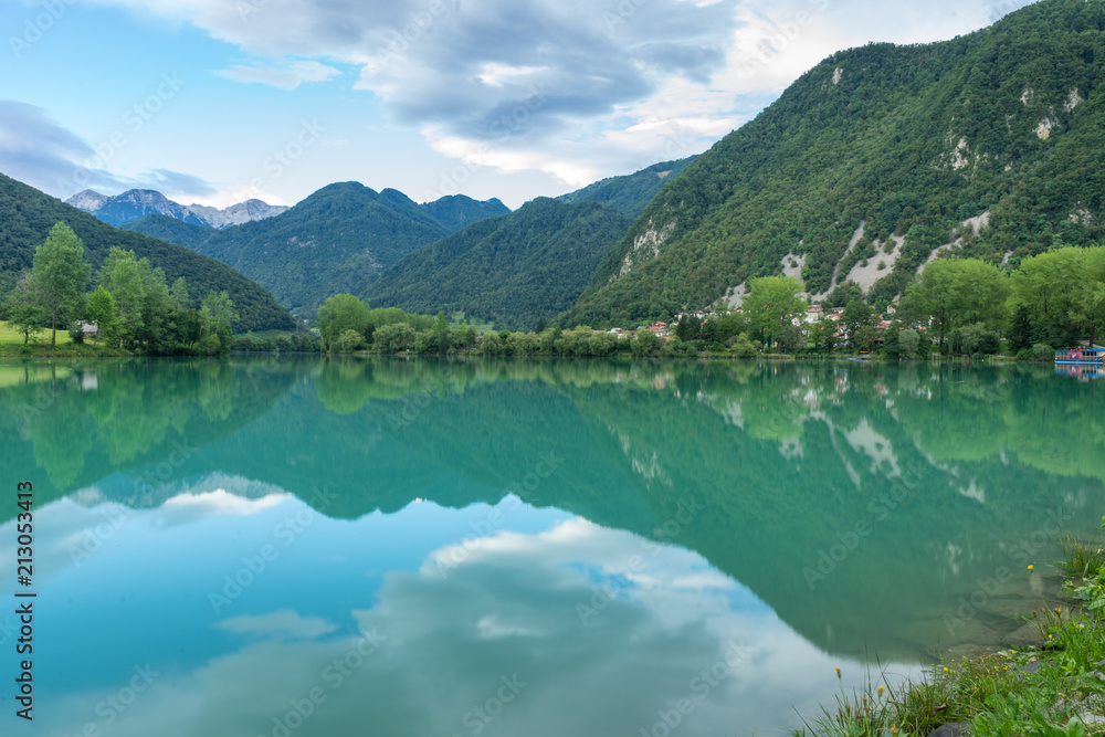 Jezero lake reflection of mountains, Slovenia