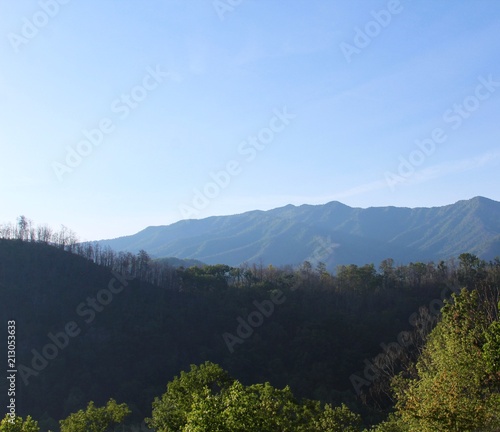 The mountain in the early morning sunlight,