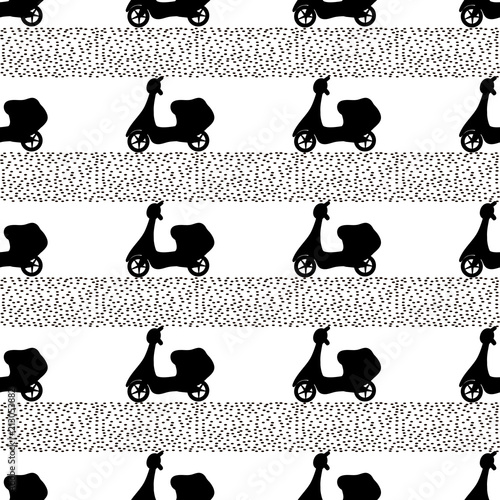 Seamless pattern with black mopeds on the white background.