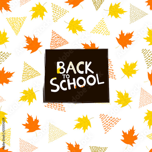 Back to school background with colorful maple leaves and triangles.