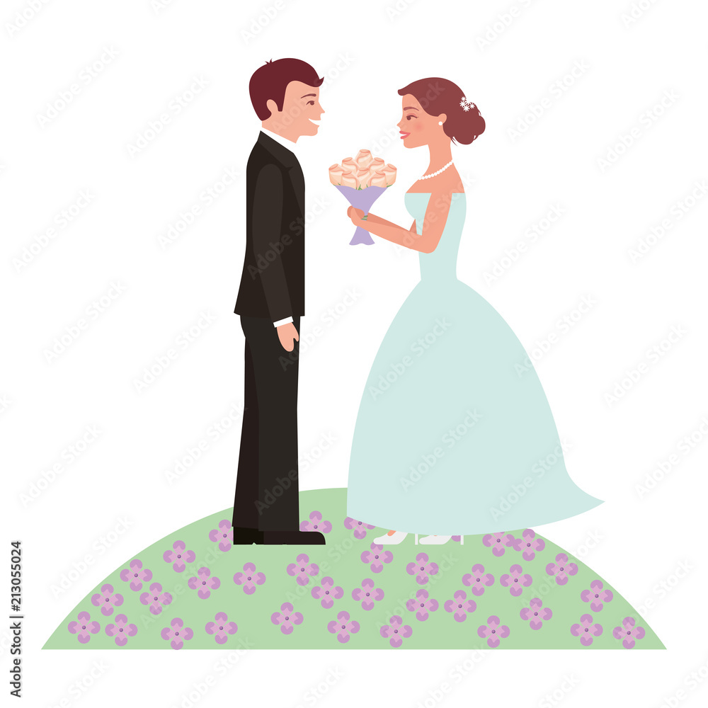 married couple with bouquet of flowers in garden