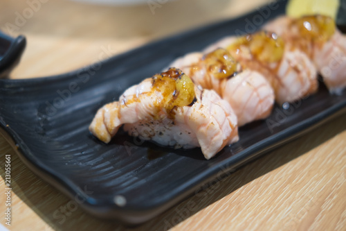 Close up of smoked salmon sushi
