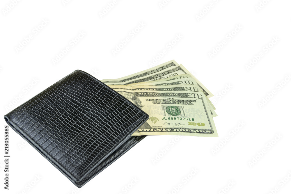 Isolate on a white background. A man's wallet and bills. Cash, American Dollars. Isolate on a white background. A man's wallet and bills. Cash, American Dollars.