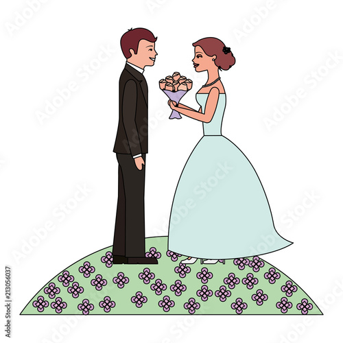 married couple with bouquet of flowers in garden