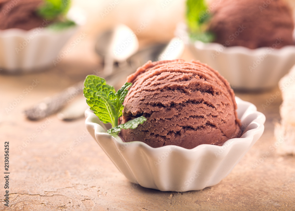 Chocolate ice cream scoop in white bowl with mint leaves on sand color stone background. Summer food concept with copy space. Retro style toned photo. Chocolate ice cream scoop in white bowl with mint leaves on sand color stone background. Summer food concept with copy space. Retro style toned photo.