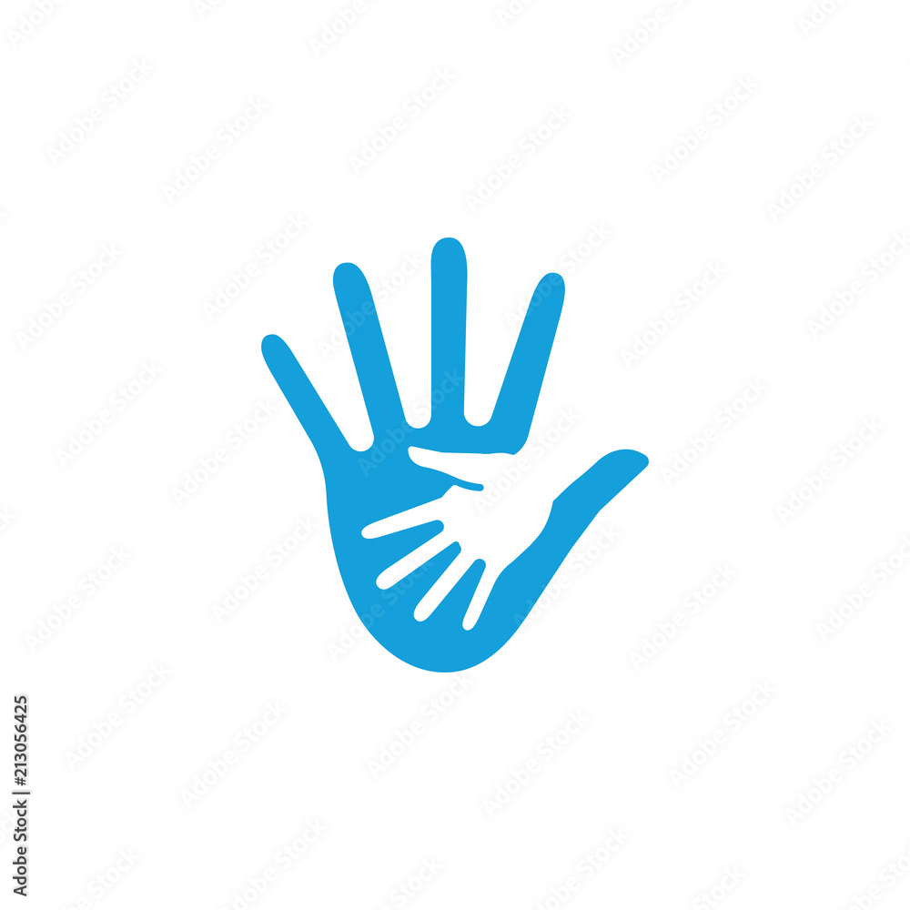 Friendly gesture of the hand in the hand. Abstract shape, minimalistic flat stylized, blue color logo template. Palm, children's palm, gesture, arm, fingers logo elements. Universal company symbol. 