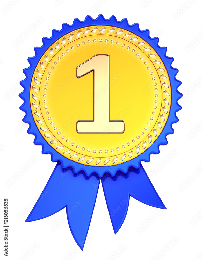number one 1 award ribbon. 1st first place medal golden blue. champion  winner reward, achievement success icon. 3d illustration, isolated Stock  Illustration | Adobe Stock
