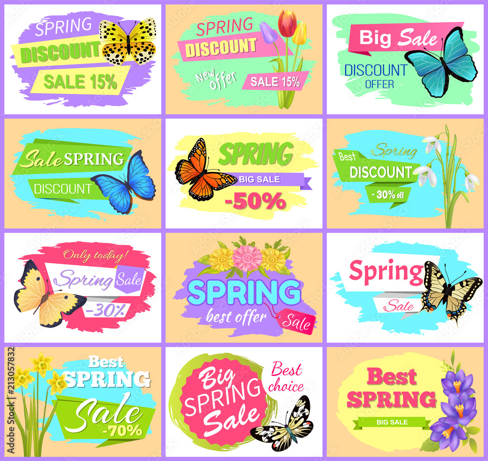 Spring Sale Set Posters Butterflies and Flowers