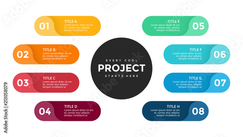 Vector circle arrows infographic, cycle diagram, labels graph, stickers presentation chart. Business concept with 8 options, parts, steps, processes. Slide template.