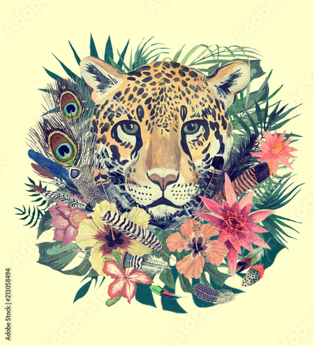 Watercolor hand drawn illustration with leopard head, flowers, leaves, feathers.