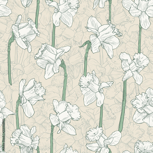 Seamless floral white narcissus pattern. Line illustration for fabric wrapping prints wedding design in vintage style