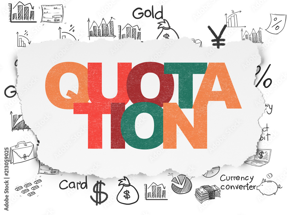 Fototapeta premium Currency concept: Painted multicolor text Quotation on Torn Paper background with Hand Drawn Finance Icons