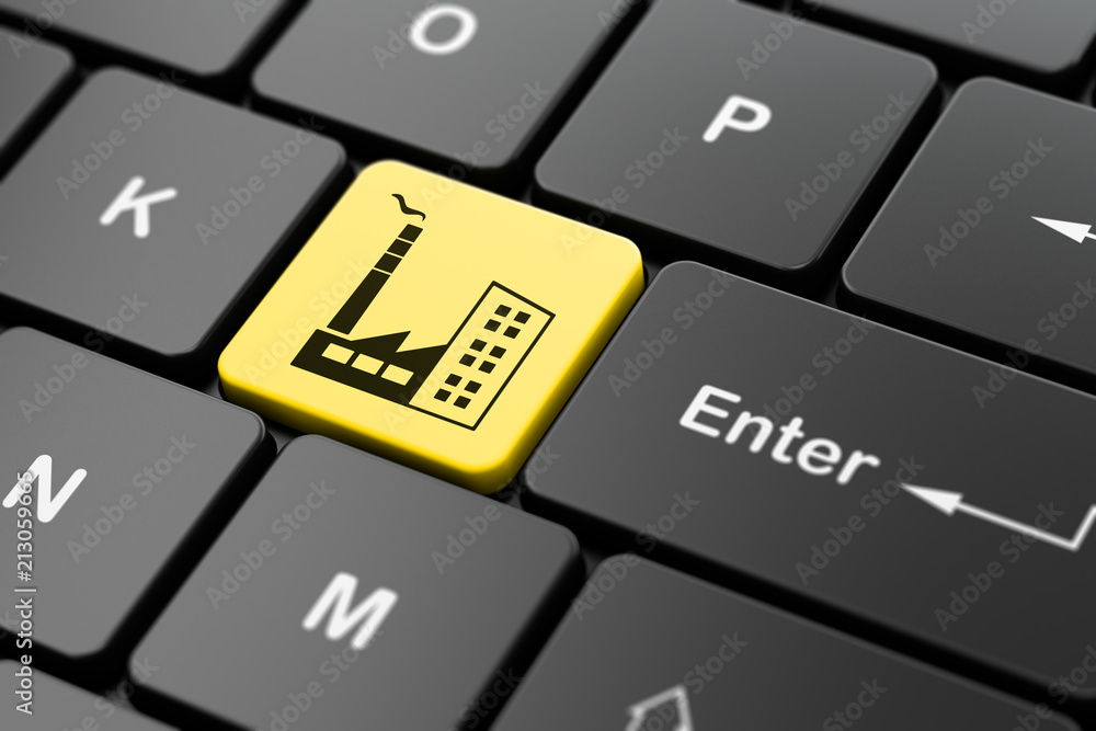 Finance concept: computer keyboard with Industry Building icon on enter button background, 3D rendering Finance concept: computer keyboard with Industry Building icon on enter button background, 3D rendering