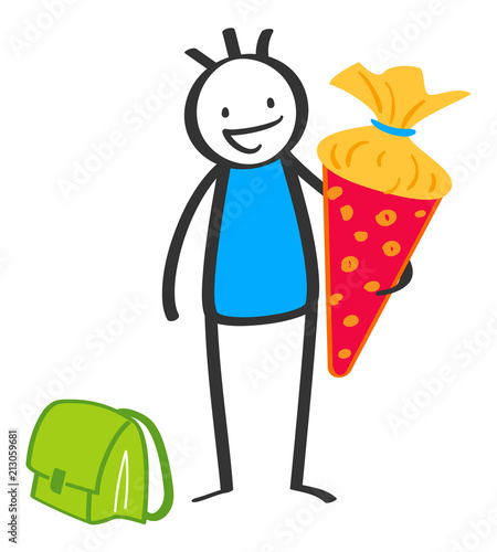 Schulkind mit Schultüte, Grundschüler, Einschulung, Schuljunge, Junge mit Schultasche, Strichmännchen