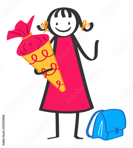 Schulkind mit Schultüte, Grundschüler, Einschulung, Schulmädchen, Mädchen mit Schultasche, Strichmännchen
