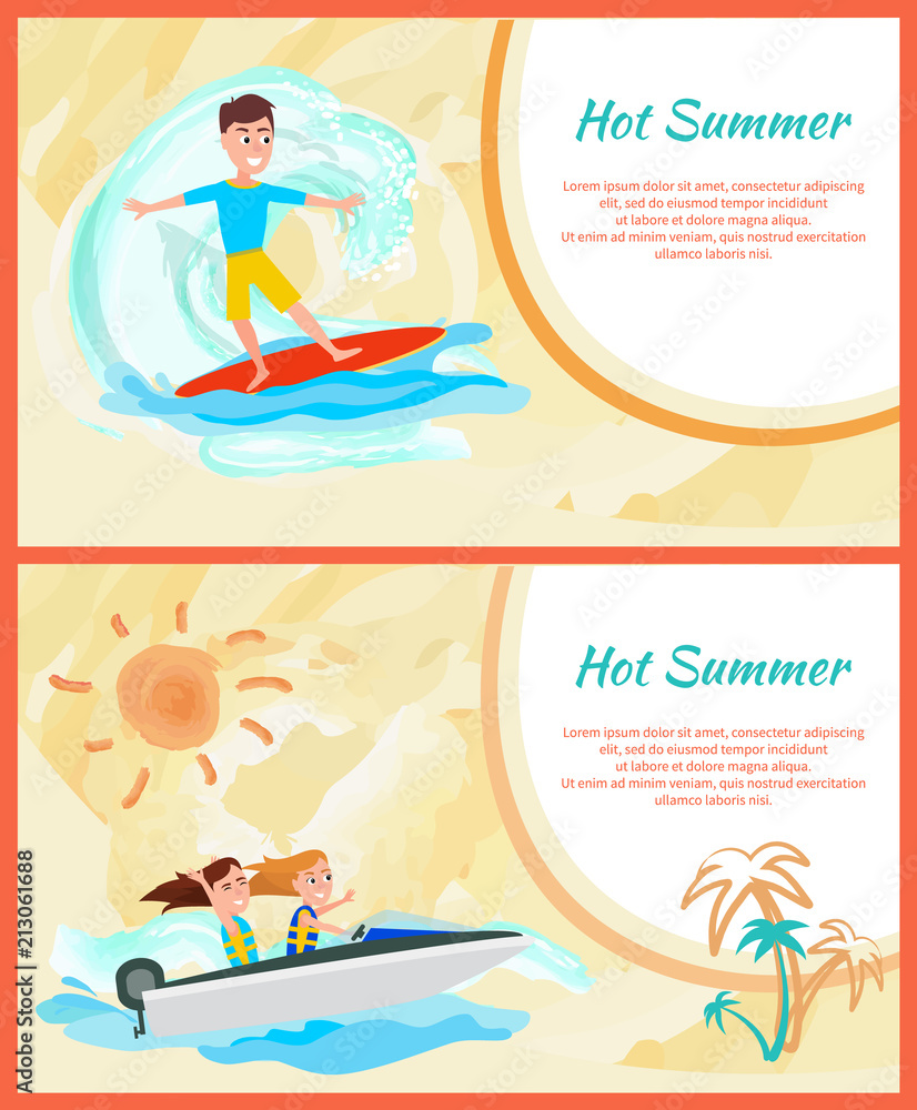 Hot Summer Cards Set, Framed Vector Illustration