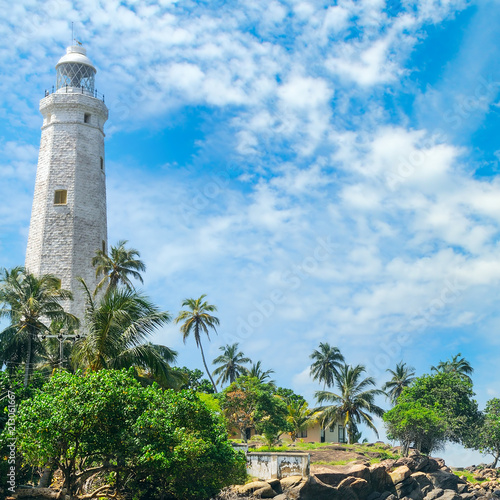 Beautiful lighthouse, lagoon and tropical palms (Matara Sri Lanka).