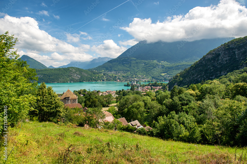 view of Annecy lake in french Alps with Duingt village