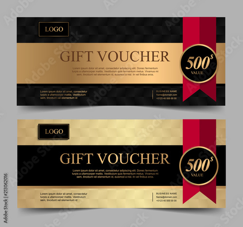 Voucher template with gold black and red ribbon. Background design coupon, invitation, currency. Set of stylish gift voucher, pattern, gift card, coupon,VIP and invite.