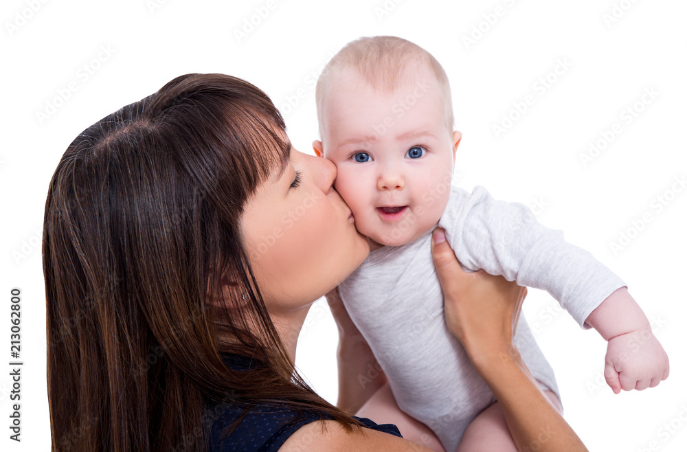 close up portrait of beautiful young mother kissing little baby isolated on white close up portrait of beautiful young mother kissing little baby isolated on white