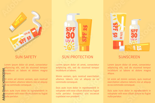 Set of Sun Safety, Protection, Sunscreen Posters