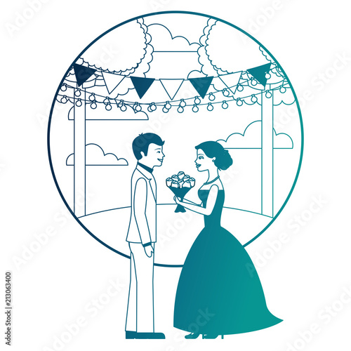 married couple in landscape with bouquet of flowers