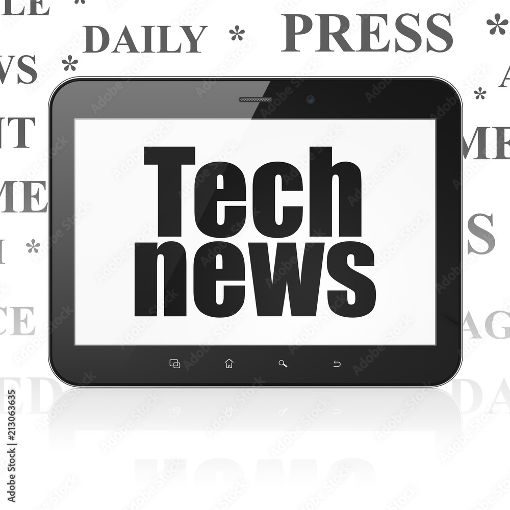 News concept: Tablet Computer with black text Tech News on display, Tag Cloud background, 3D rendering News concept: Tablet Computer with black text Tech News on display, Tag Cloud background, 3D rendering