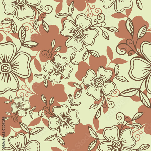 Vector seamless pattern - graphic flowers with leaves in brown beige colors