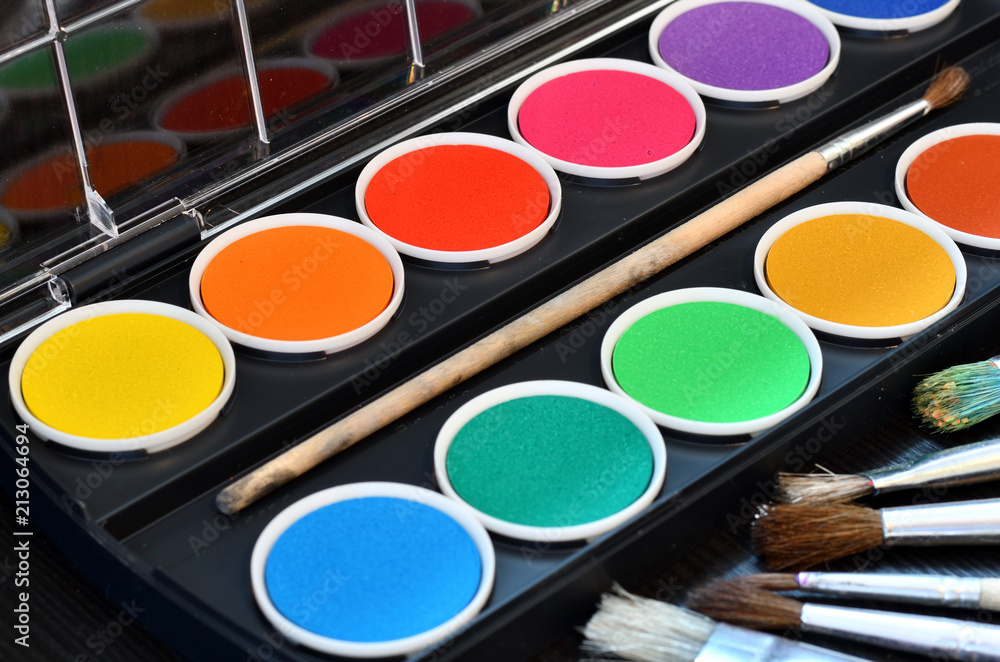 Obraz premium Bunte Farbpalette mit Pinseln