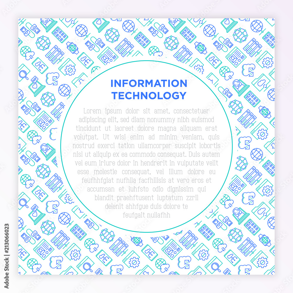 Information technology concept with thin line icons: social network, system backup, search, LAN network, connection, API, feedback, video call. Modern vector illustration, web page template. Information technology concept with thin line icons: social network, system backup, search, LAN network, connection, API, feedback, video call. Modern vector illustration, web page template.