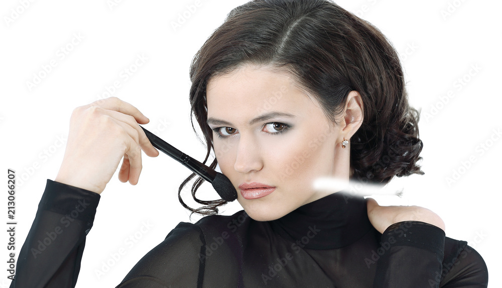 stylish young woman with brush for makeup stylish young woman with brush for makeup