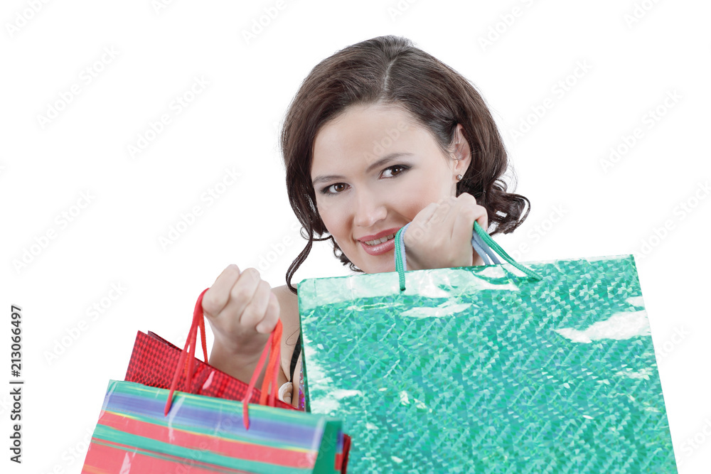 beautiful young woman with shopping.isolated on white beautiful young woman with shopping.isolated on white