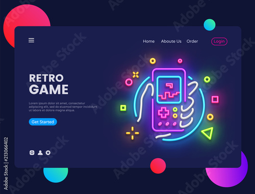 Retro Games website concept banner Vector design template. Retro Game light banner in neon style, Retro geek gaming gamepad in hand neon sign, modern trend design, bright nightlife advertisement