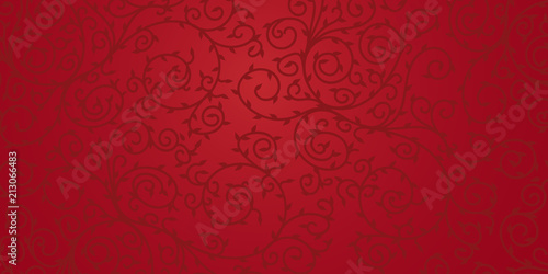 Red floral ornament design for background. Dark swirls and leaves on red surface.