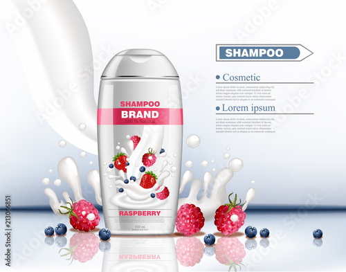 Berry fruits shampoo Vector realistic cosmetics. Product packaging mock up. Milk splash with blueberry and raspberry on background. 3d illustrations