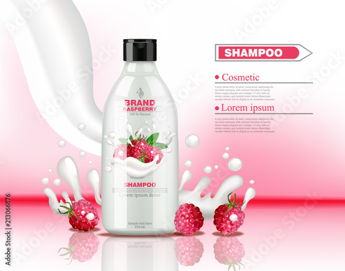 Berry fruits shampoo Vector realistic cosmetics. Product packaging mock up. Milk splash with blueberry and raspberry on background. 3d illustrations