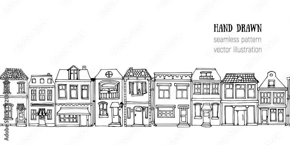Hand drawn European city houses horizontal seamless pattern. Cute cartoon style vector illustration.. Colorful modern townhouse building sketch. City buildings, Doodle decorative elements collection.